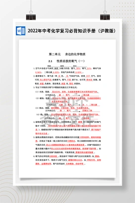 2022年中考化学复习必背知识手册（沪教版）