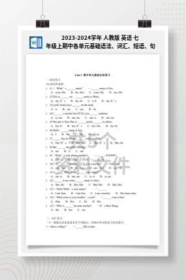 2023-2024学年 人教版 英语 七年级上期中各单元基础语法、词汇、短语、句型综合复习