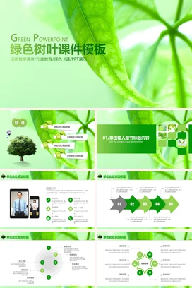 浅绿小清新简约中小学绿色树叶课件模板教育教学课件精美PPT课件