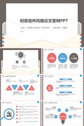 白色卡通简约大学创意信件风格论文答辩毕业论文精美PPT模板