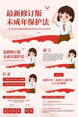 红色卡通可爱小学最新修订版未成年保护法法治培训小学教育PPT课件