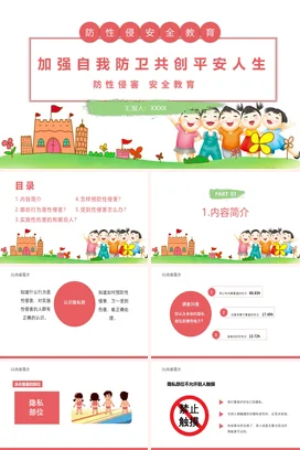 红色卡通可爱小清新小学防性侵安全教育自我防卫主题班会PPT课件