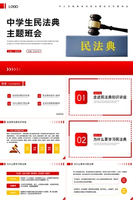 红色简约大气教育中小学中学生民法典主题班会法律知识PPT课件