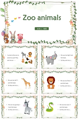 绿色小清新英语绘本Zoo animals 英语绘本PPT课件模板