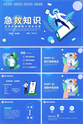 蓝色卡通创意小清新中小学急救知识日常分享医疗常识应急处理PPT课件