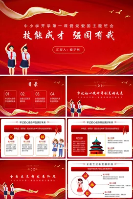 红色卡通党政励志风中小学技能成才 强国有我爱国爱党主题班会PPT课件