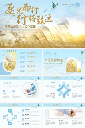 蓝色治愈系文艺小清新个人工作汇报工作总结计划述职报告PPT模板