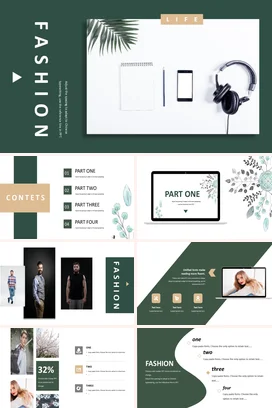 墨绿极简小清新个人生活与时尚手机耳机演讲精美PPT模板