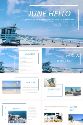 天蓝极简大气小清新个人六月你好海滩风光阳光演讲PPT模板