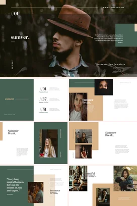 棕色复古文艺个人Sumver创意展示帽子演讲精美PPT模板