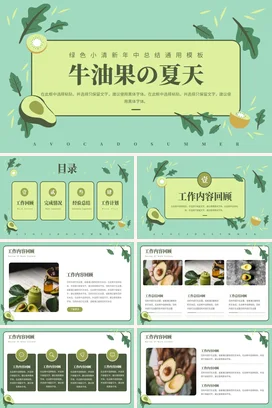 浅绿小清新创意卡通个人牛油果的夏天年中总结精美PPT模板