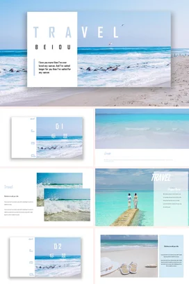 浅蓝极简大气简约个人旅行与爱情的结合海滩演讲PPT模板