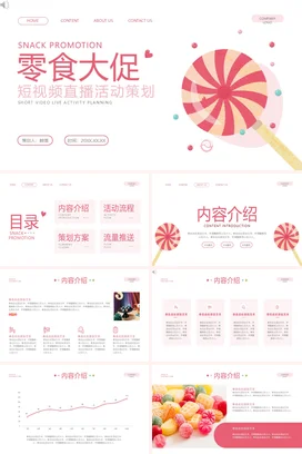 粉色卡通可爱小清新企业零食大促短视频直播活动策划营销推广PPT模板
