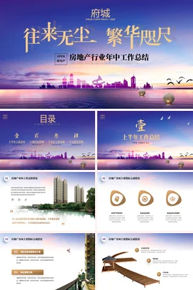 大气紫色房地产行业年中工作总结PPT模板房地产年中总结