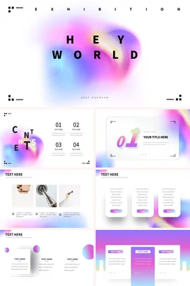 弥散渐变极简创意现代个人HEY WORLD 展览设计演讲课件PPT模板