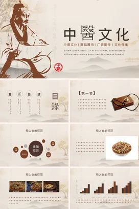 棕色古风复古简约医院中医文化传承与发展传统文化精美PPT模板课件