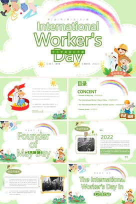 浅绿卡通可爱小清新中小学国际劳动节英语公开课英语课教学课件PPT模板课件