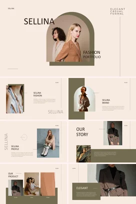 米色极简高级感个人Sellina时尚作品集组合简约业务介绍PPT模板