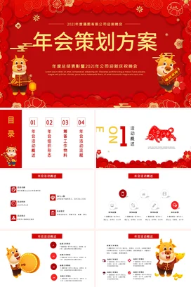 红色卡通可爱国潮企业度迎新晚会策划方案牛年课件PPT模板
