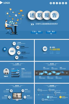 蓝色卡通商务创意个人述职报告工作精美PPT模板
