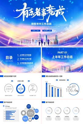 蓝色商务大气销售年中工作总结PPT模板销售年中工作总结汇报