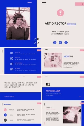 蓝色极简创意现代个人艺术总监作品集组合业务介绍精美PPT模板