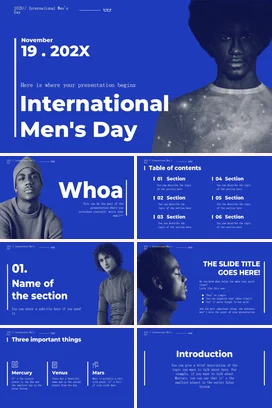 蓝色极简大气现代个人国际男性日宣传社会关注演讲课件PPT模板