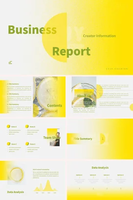 黄色极简创意简约企业业务报告与创作者信息业务介绍精美PPT模板