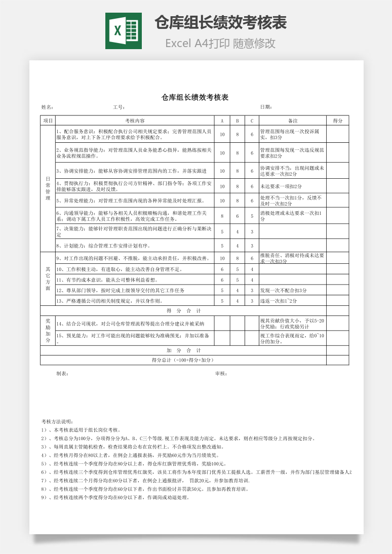 仓库组长绩效考核表