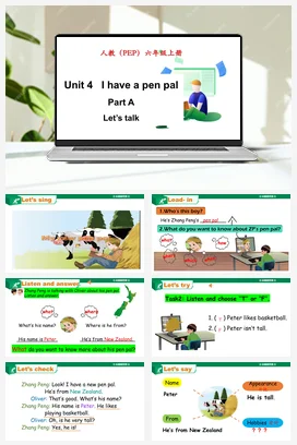 人教PEP版六上 Unit 4 I have a pen pal Part A Let’s talk课件+单元整体教学设计+素材